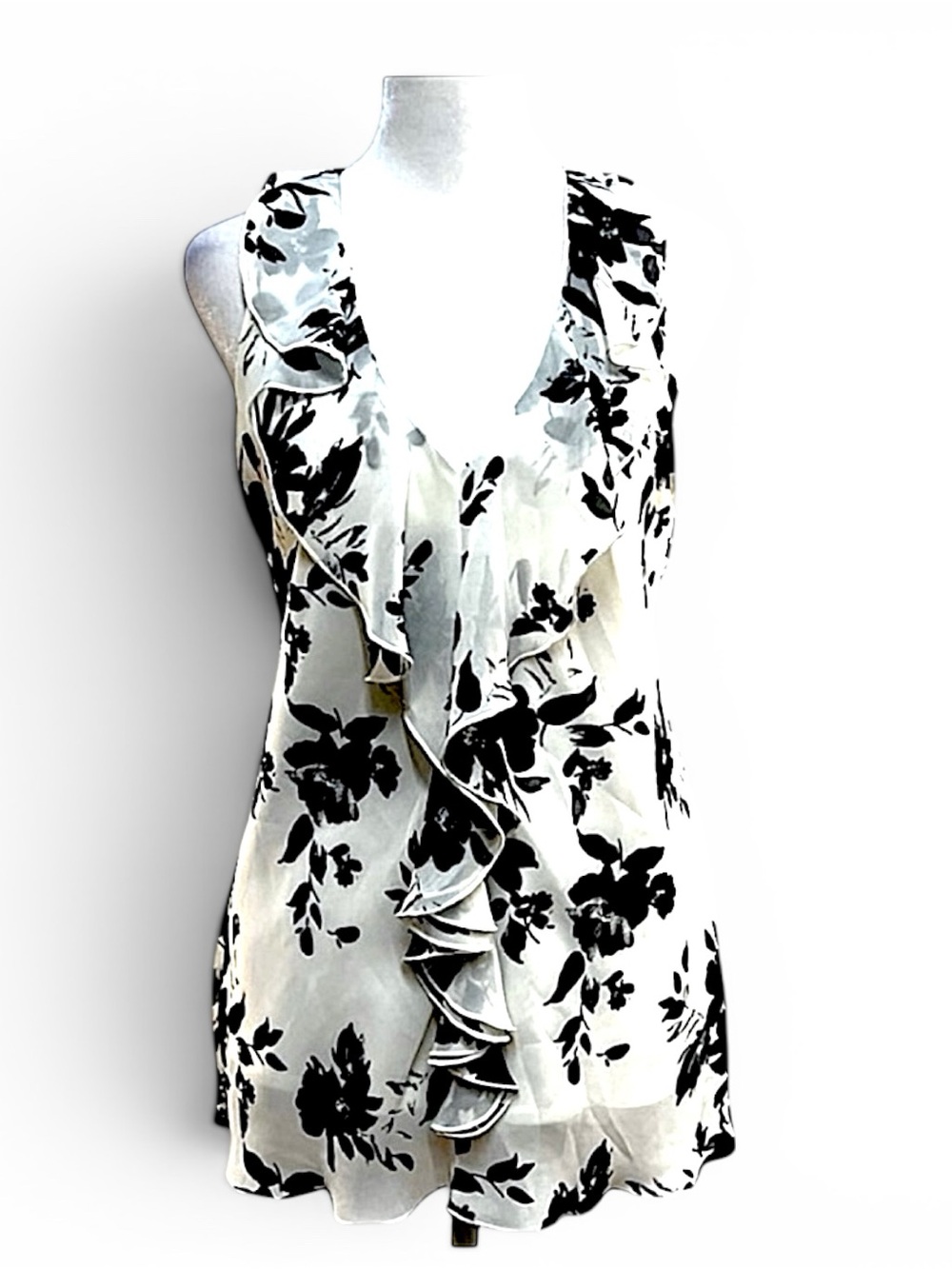 IZ BYER Sheer Black & White Floral Ruffle V Neck Sleeveless Blouse SZ MED